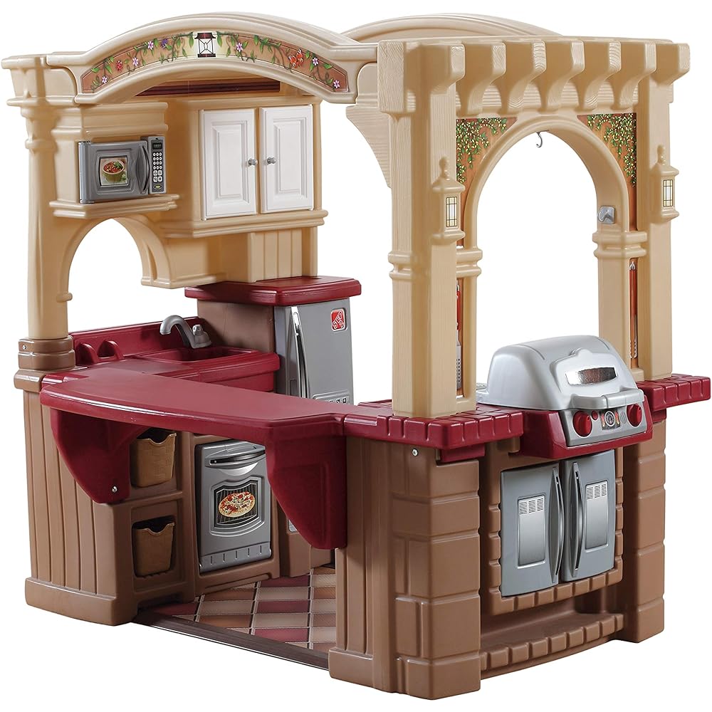 Step2 Grand Walk-In Kitchen & Grill Kids Playset, Indoor/Outdoor Kitchenette, Interactive Play with Lights and Sounds, Durable Plastic, 103 Piece Toy Accessories, Toddlers 2+ Years Old, Brown/Tan