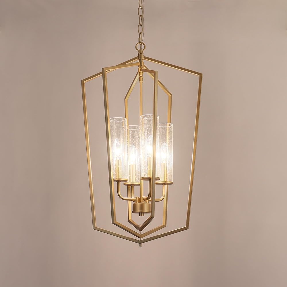 Gold Dining Room Chandelier with 4-Light Lantern Pendant Lights, Adjustable Height Modern Foyer Chandelier with Seeded Glass Shades -