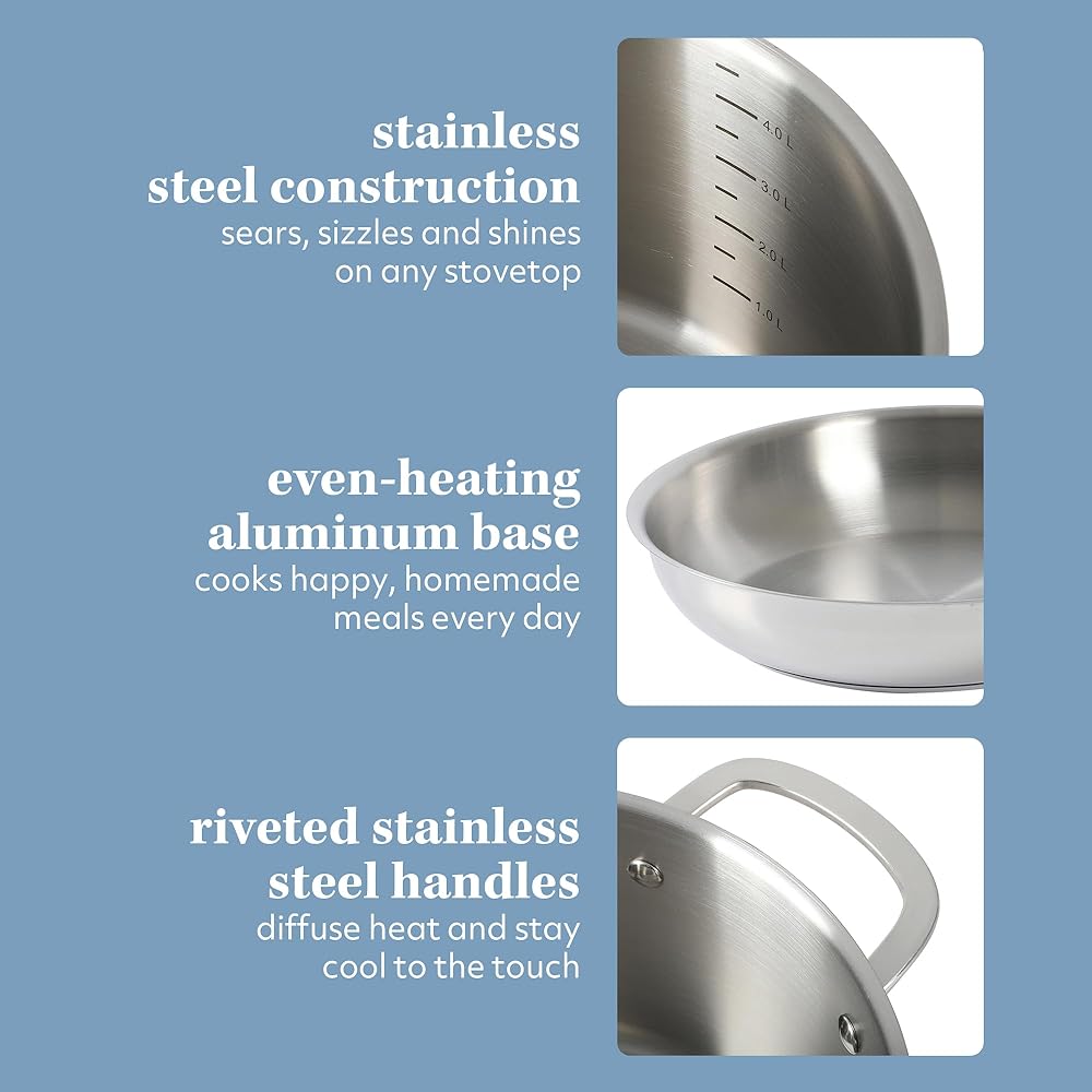 Sur La Table Kitchen Essentials Chef's Deck 10 Piece Stainless Steel Non Toxic Pots and Pans Kitchen Cookware Set w/Triply Encapsulated Base - Induction Safe: Home & Kitchen