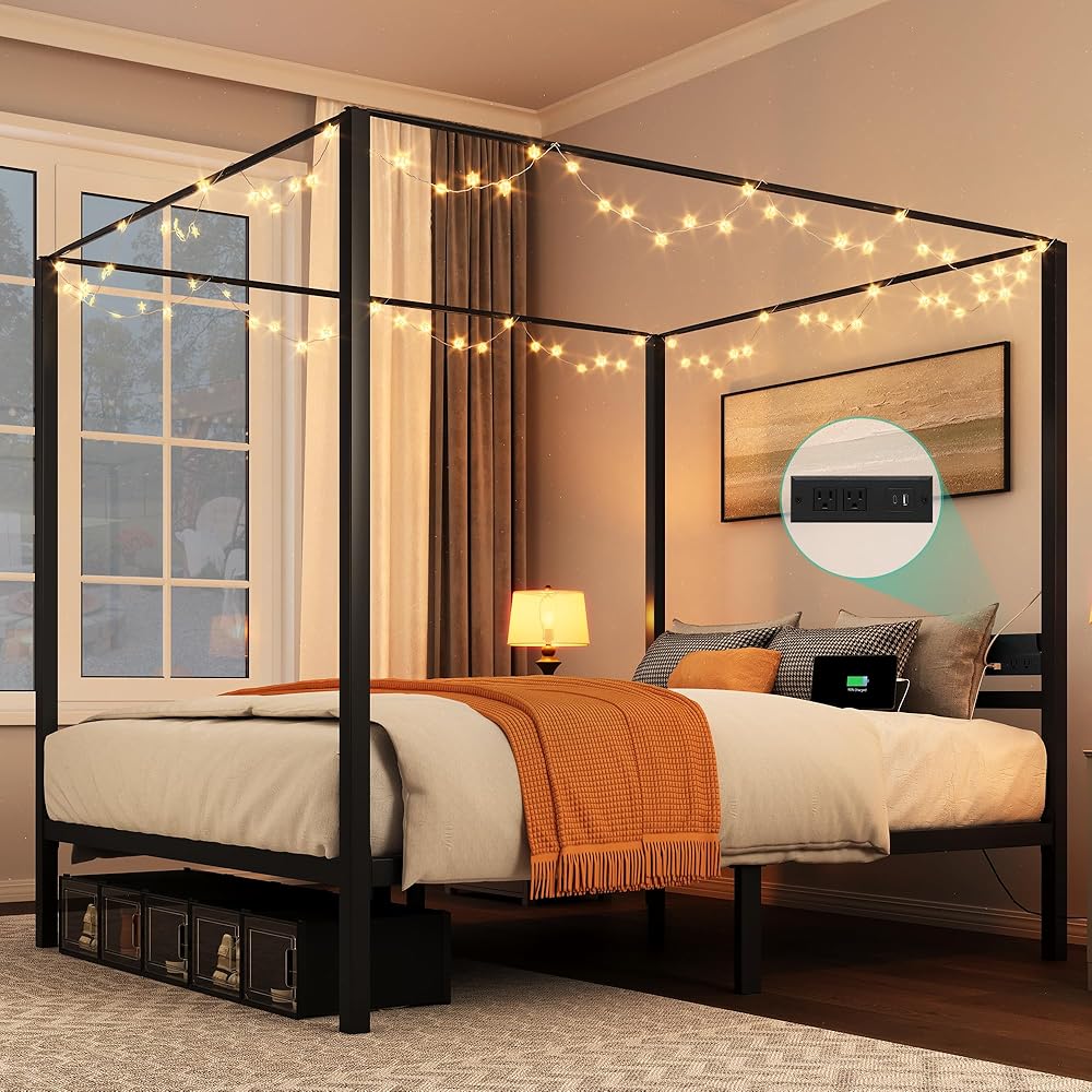 YITAHOME Canopy Bed Frame Queen, Four Poster Bed with Charge Station & Star-Shaped LED Light, 14 Inch Platform with Built-in Headboard Strong Metal Slat Mattress Support, No Box Spring Needed, Black : Home & Kitchen