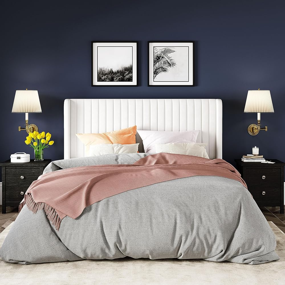 Allewie Full Size Velvet Bed Frame/Vertical Channel Tufted Wingback Headboard/Upholstered Platform Bed/Strong Wooden Slats/No Box Spring Needed/Easy Assembly/White : Home & Kitchen