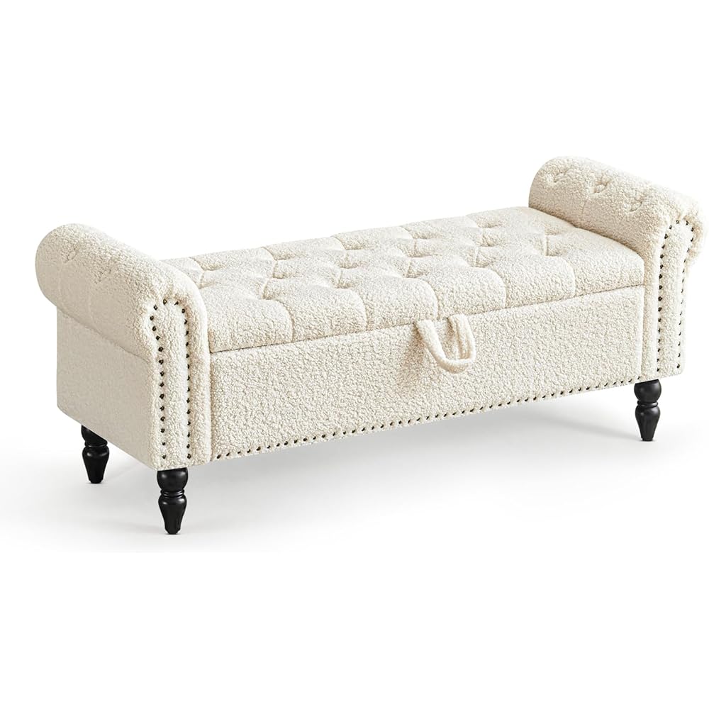 Furniliving Modern Storage Ottoman Bench, Sherpa Ottoman End of Bed Bench with Solid Wood Legs Upholstered Ottoman Benches with Storage Indoor Bench for Living Room with Rolled Arm, Entryway, White : Home & Kitchen