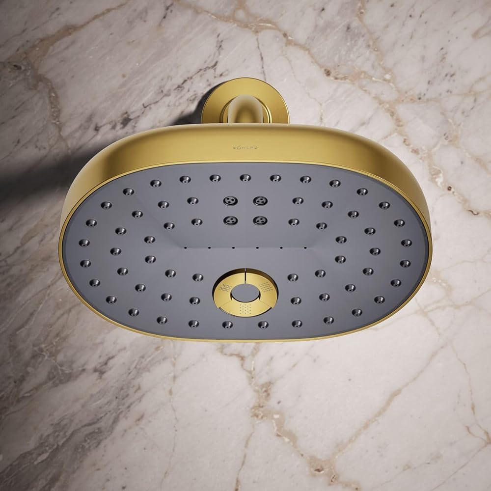 KOHLER 26290-2MB Statement Three-Function SHOWERHEAD, Maximum Spray Performance with Mode Selector Buttons, Vibrant Brushed Moderne Brass, 2.5 GPM -
