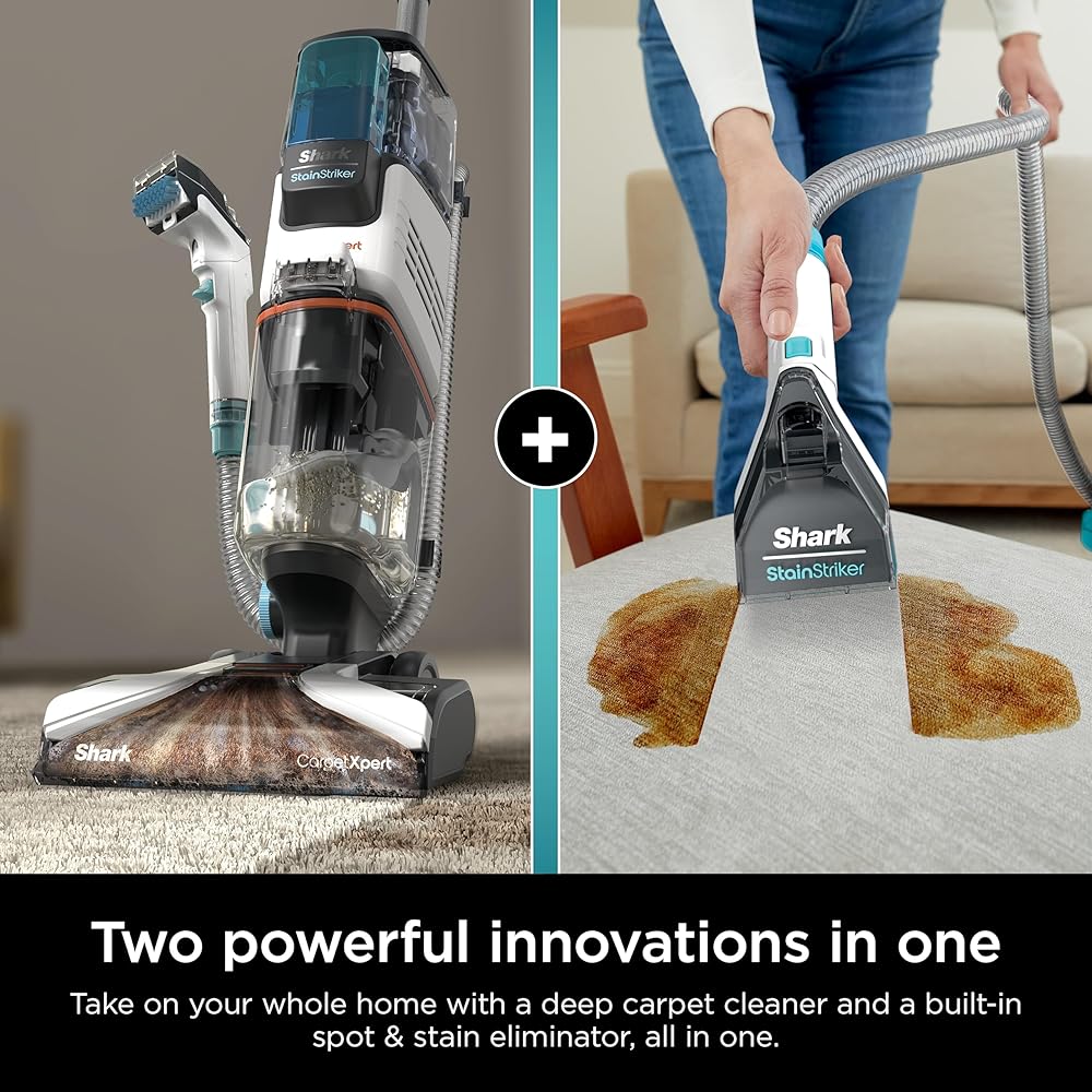- Shark CarpetXpert with StainStriker Upright Carpet, Area Rug & Upholstery Cleaner with Pet Mess Extractor Tool, Perfect for Pets, Carpet Shampooer, 3 Cleaning Tools, Cleaning Solutions, White, EX201