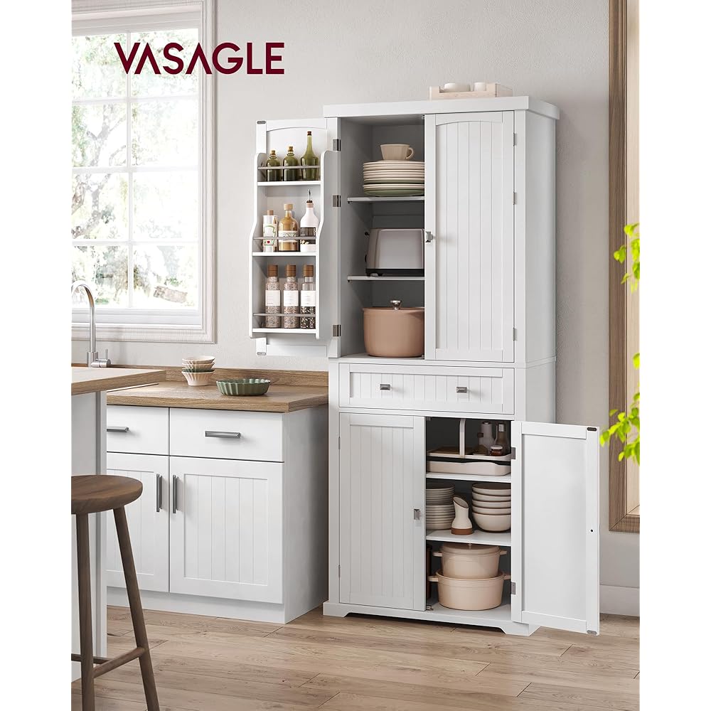 VASAGLE Pantry Cabinet, 71.7-Inch High Freestanding Tall Cupboard Storage Cabinet with a Drawer, 2 Cabinets, 4 Adjustable Shelves, 6 Door Shelves, for Living Room, Kitchen, White UBBC561P31V2