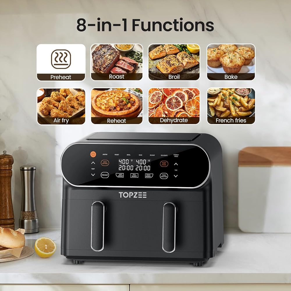 TOPZEE 11-QT Large Air Fryer - 8 in 1 XL Airfryer with Flex Basket, Divider for Dual Cooking, Preheat, Air Fry, Roast, Broil, Bake, Reheat, Dehydrate, French Fries, Dishwasher Safe, Black : Home & Kitchen