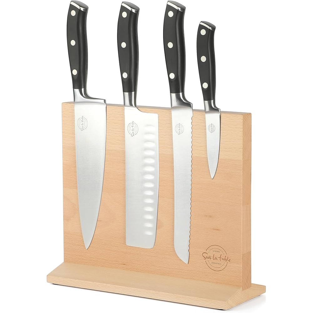 Sur La Table Kitchen Essentials 5 Piece German Steel Blade w/Triple Riveted Handle Set on Beechwood Magnetic Block - Black: Home & Kitchen