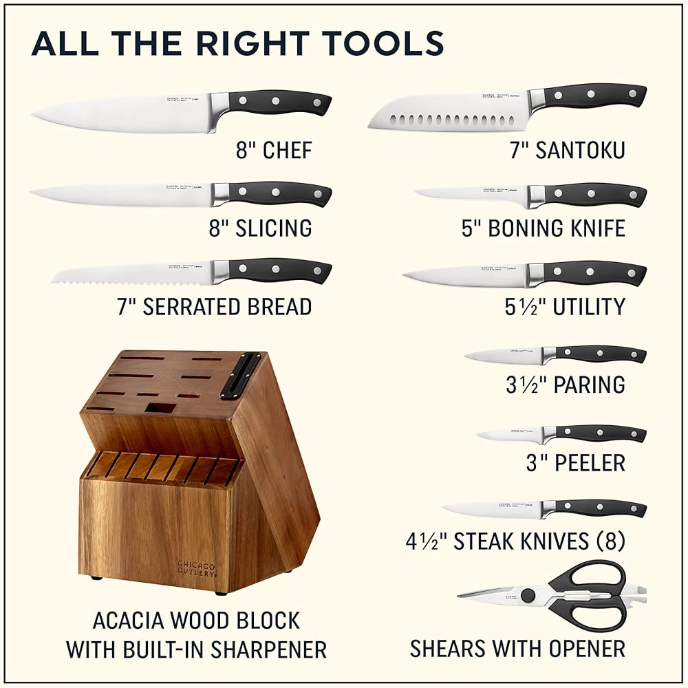 Chicago Cutlery Insignia Triple Rivet Poly (18-PC) Kitchen Knife Block Set With Wooden Block & Built-In Sharpener, Black Ergonomic Handles and Sharp Stainless Steel Professional Chef Knife Set: Home & Kitchen
