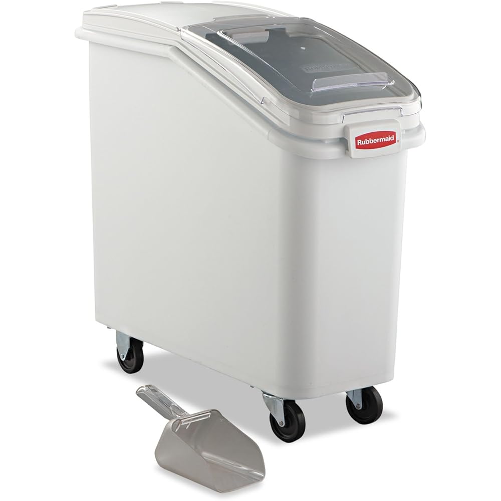Rubbermaid Commercial Products ProSave Shelf-Storage Ingredient Bin With Scoop 400-Cup Capacity Plastic White Sliding Lid Container with Wheels for Kitchen/Restaurant/Food Organization: Lidded Home Storage Bins: Industrial & Scientific