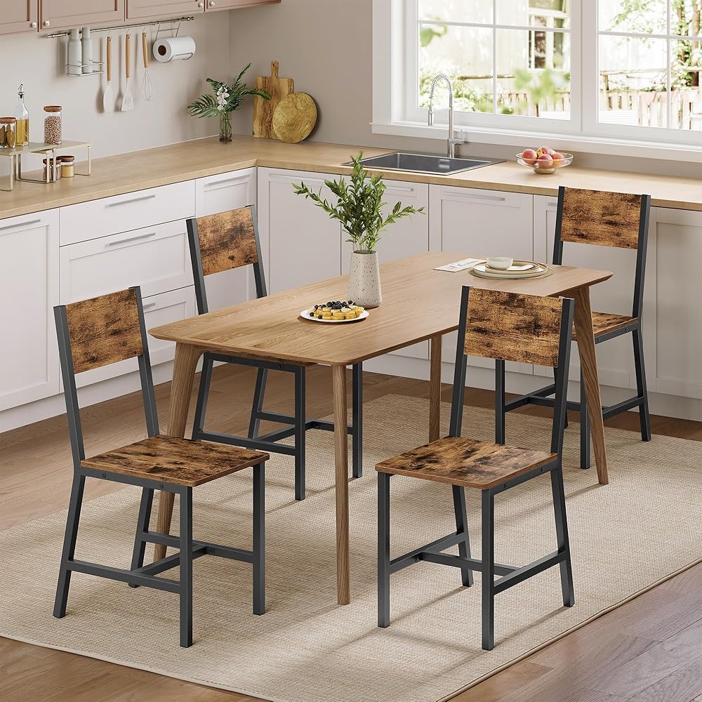 - VASAGLE Dining Chair Set of 4, Rustic Wood Chairs with Metal Steel Frame, Easy to Assemble, Comfortable Seat, Modern Farmhouse Chair for Kitchen, Bedroom, Living Room, Rustic Brown and Ink Black - Chairs