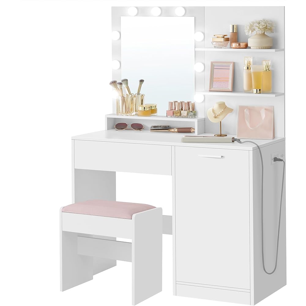 VASAGLE Vanity Desk with Mirror and Lights, 35.4-Inch Wide Makeup Vanity with Upholstered Vanity Stool, Power Outlets, Dimmable LED Lights, Storage Drawer, for Bedroom, Cloud White URDT128W01 : Toys & Games