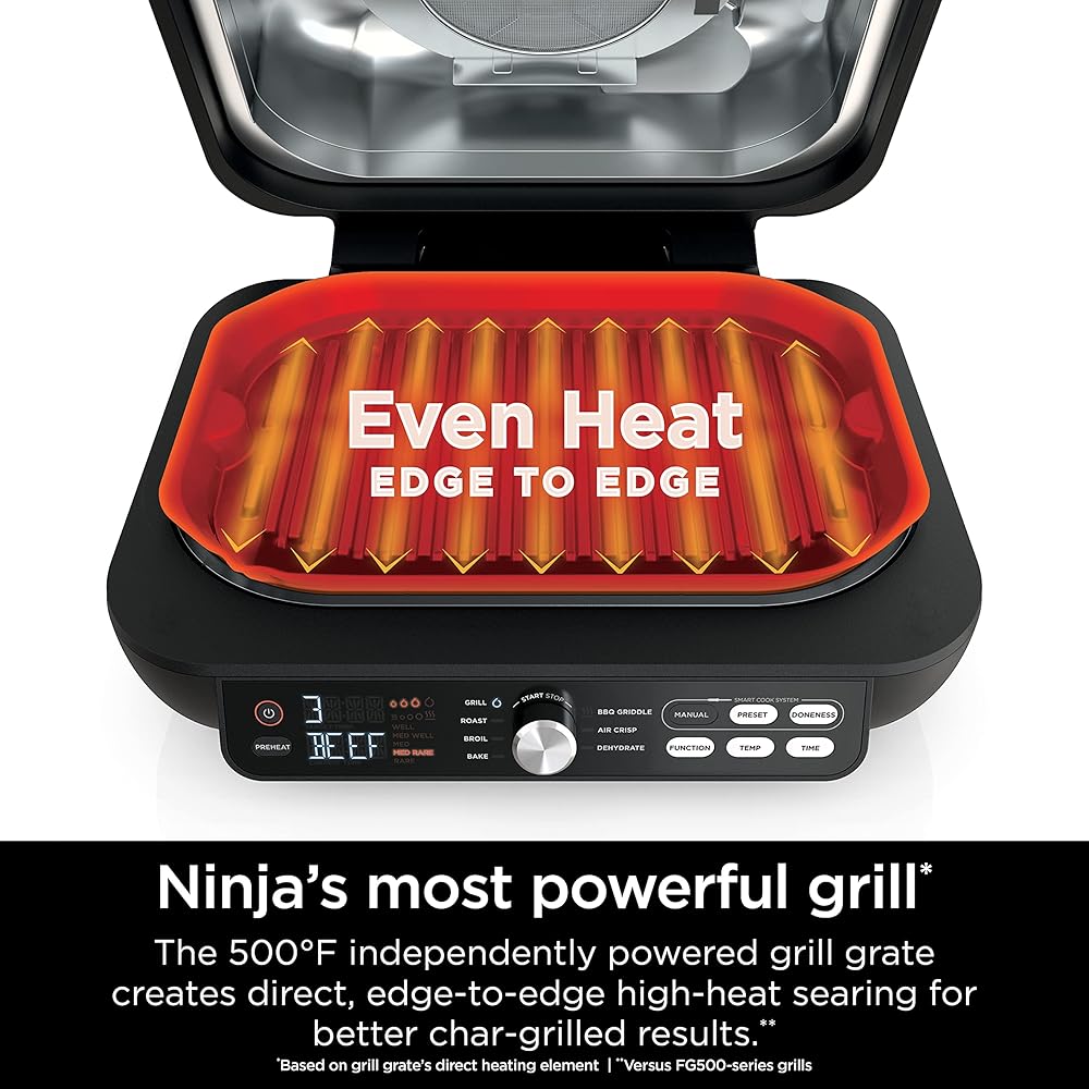 Ninja IG651 Foodi Smart XL Pro 7-in-1 Indoor Grill/Griddle Combo, use Opened or Closed, Air Fry, Dehydrate & More, Pro Power Grate, Flat Top, Crisper, Smart Thermometer, Black: Home & Kitchen