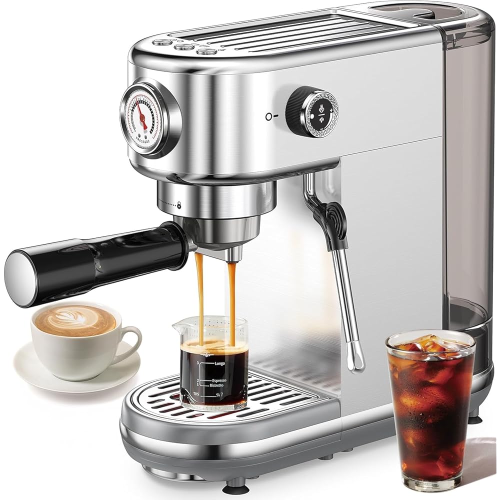 Espresso Machine with Milk Frother, 20 Bar High Pressure Professional Espresso Maker Automatic, Compact Stainless Steel Coffee Machine for Cappuccino, Latte, Gift for Coffee Lover, Silver: Home & Kitchen