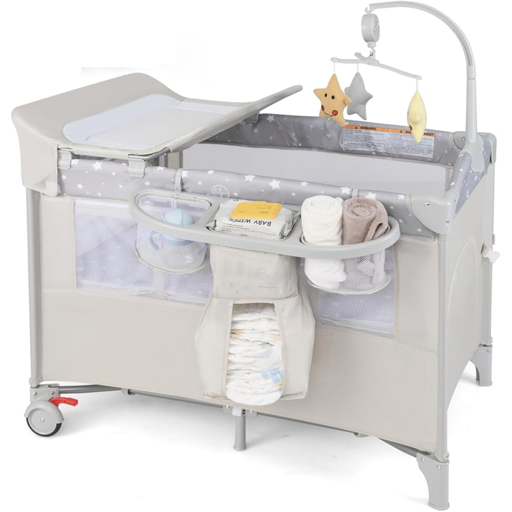 : BABY JOY 5-in-1 Pack and Play, Portable Baby Bedside Sleeper with Bassinet, U-Shaped Diaper Changer, Safety Strap, Side Zipper Entrance, Hangings, Bedside Crib Playard from Newborn to Toddlers (Beige) : Baby