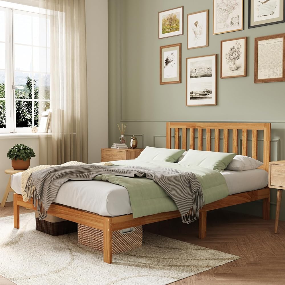 Novilla Queen Bed Frame with Headboard, Solid Wood Bed Frame Foundation with Wood Slat Support, No Box Spring Needed, Easy Assembly