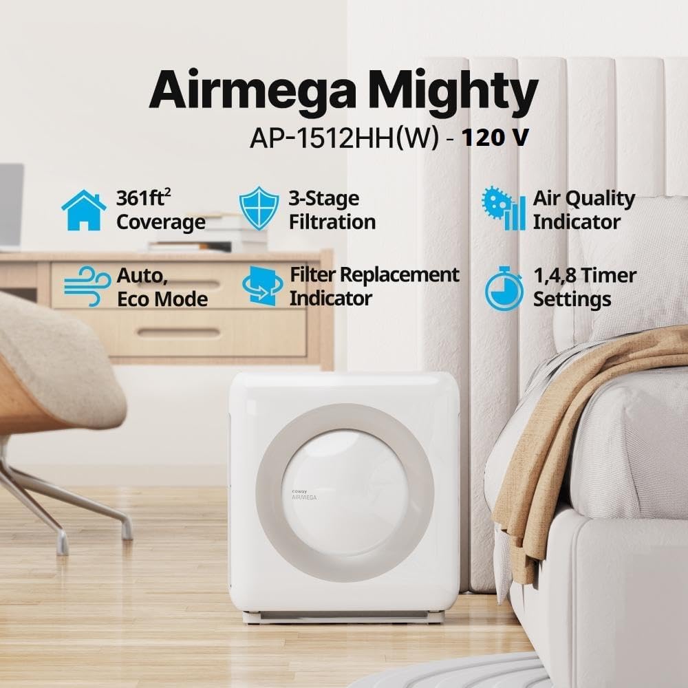 Coway Airmega AP-1512HH(W) True HEPA Purifier with Air Quality Monitoring, Auto, Timer, Filter Indicator, and Eco Mode, 16.8 x 18.3 x 9.7, White : Home & Kitchen