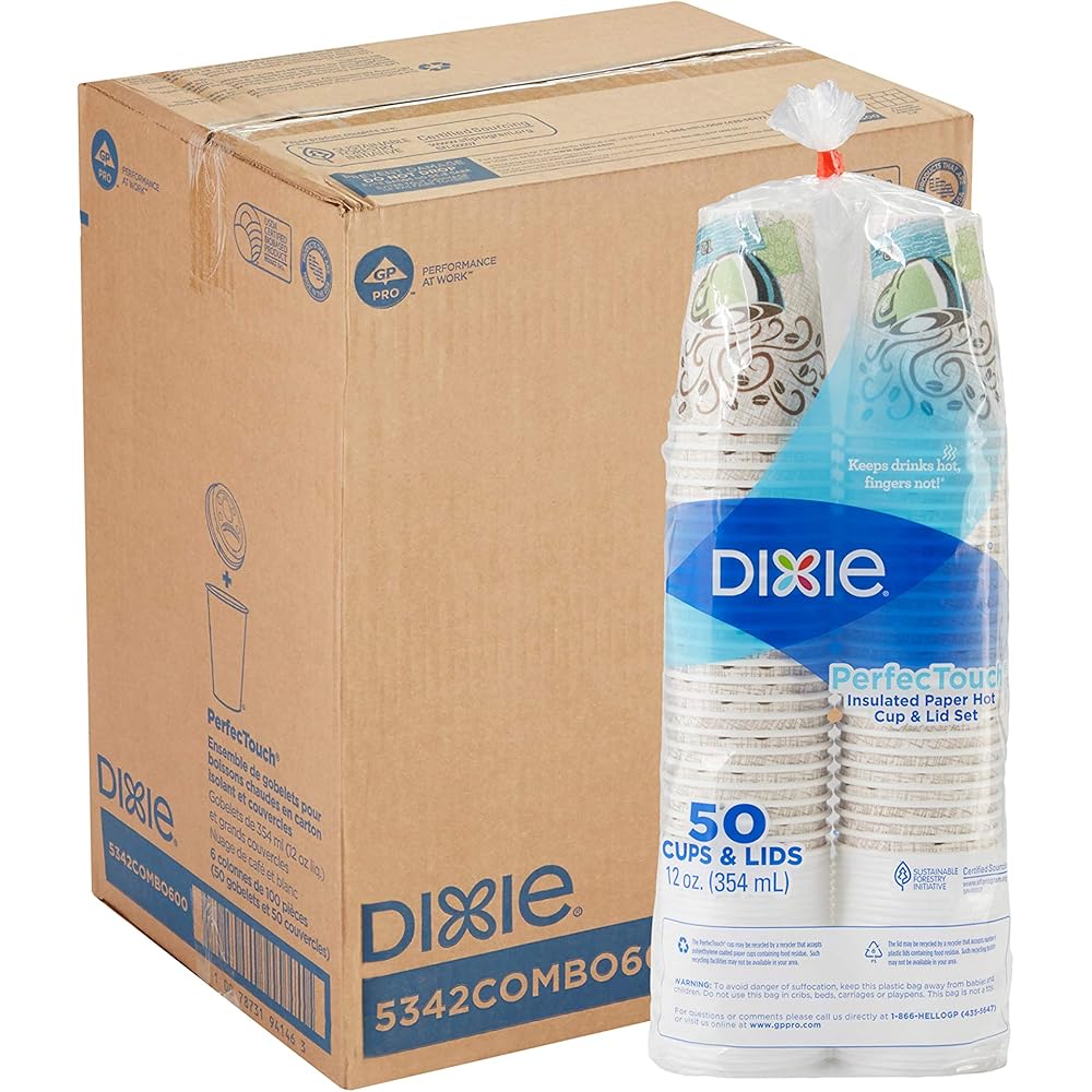 Dixie PerfecTouch 12 oz. Insulated Paper Hot Coffee Cup and Lid Set by GP PRO (Georgia-Pacific) Coffee Haze and White, 5342COMBO600, 300 Cups and 300 Lids (50 Cups and Lids Per Pack, 6 Packs Per Case) : Health & Household