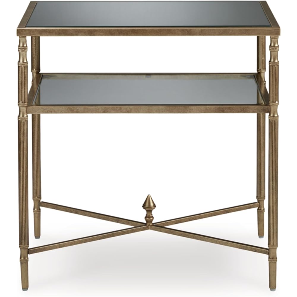 Signature Design by Ashley Cloverty Industrial Mirror-Tabletop End Table with Round Legs and Glass Shelf, Metallic : Home & Kitchen