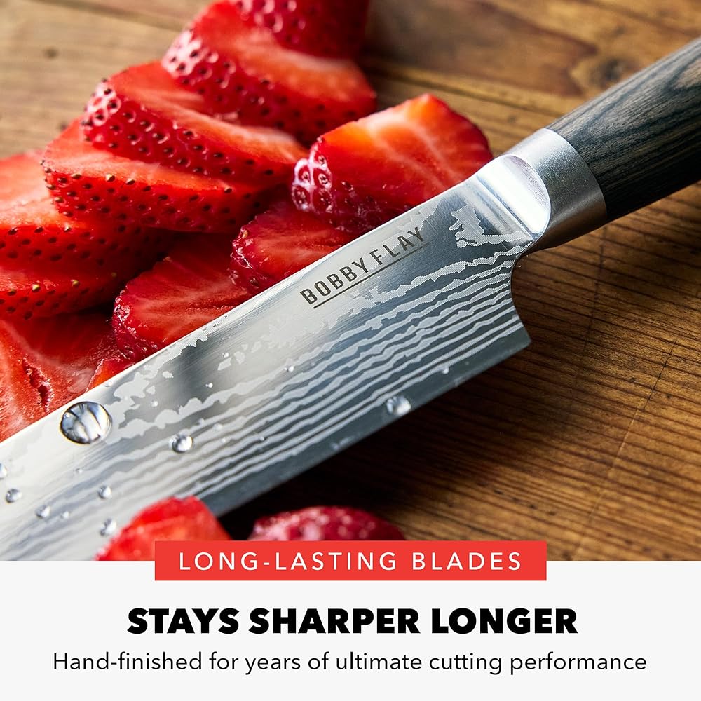 GreenPan x Bobby Flay 13 Piece Stainless Steel Cutlery Kitchen Knife Block Set, Premium Stainless Steel Blades, Acacia Wood Knife Block, Hand Finished Ergonomic Wood Handle, Damascus Steel Design: Home & Kitchen