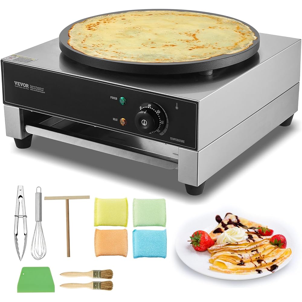 VEVOR Electric Crepe Maker, 16-Inch Commercial Crepe Machine, 1700W Flat Plate Crepe Griddle, Nonstick Stainless Steel Pancake Making Machine, Desktop Circular Cereals Pancake Stove with Temp Control: Home & Kitchen