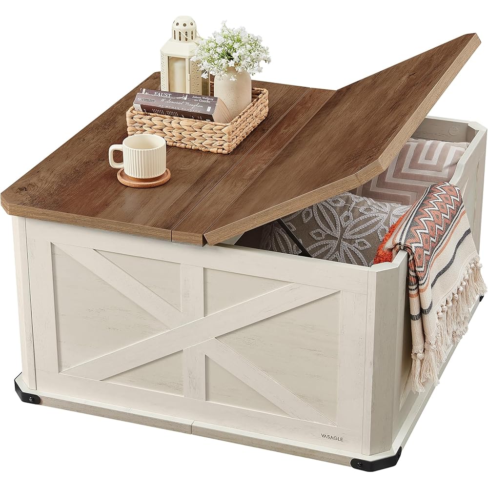 VASAGLE Farmhouse Coffee Table with Storage, Square Coffee Table for Living Room, Center Table with Flip-Top Lids, Honey Brown and Rustic White ULCT232W73 : Home & Kitchen