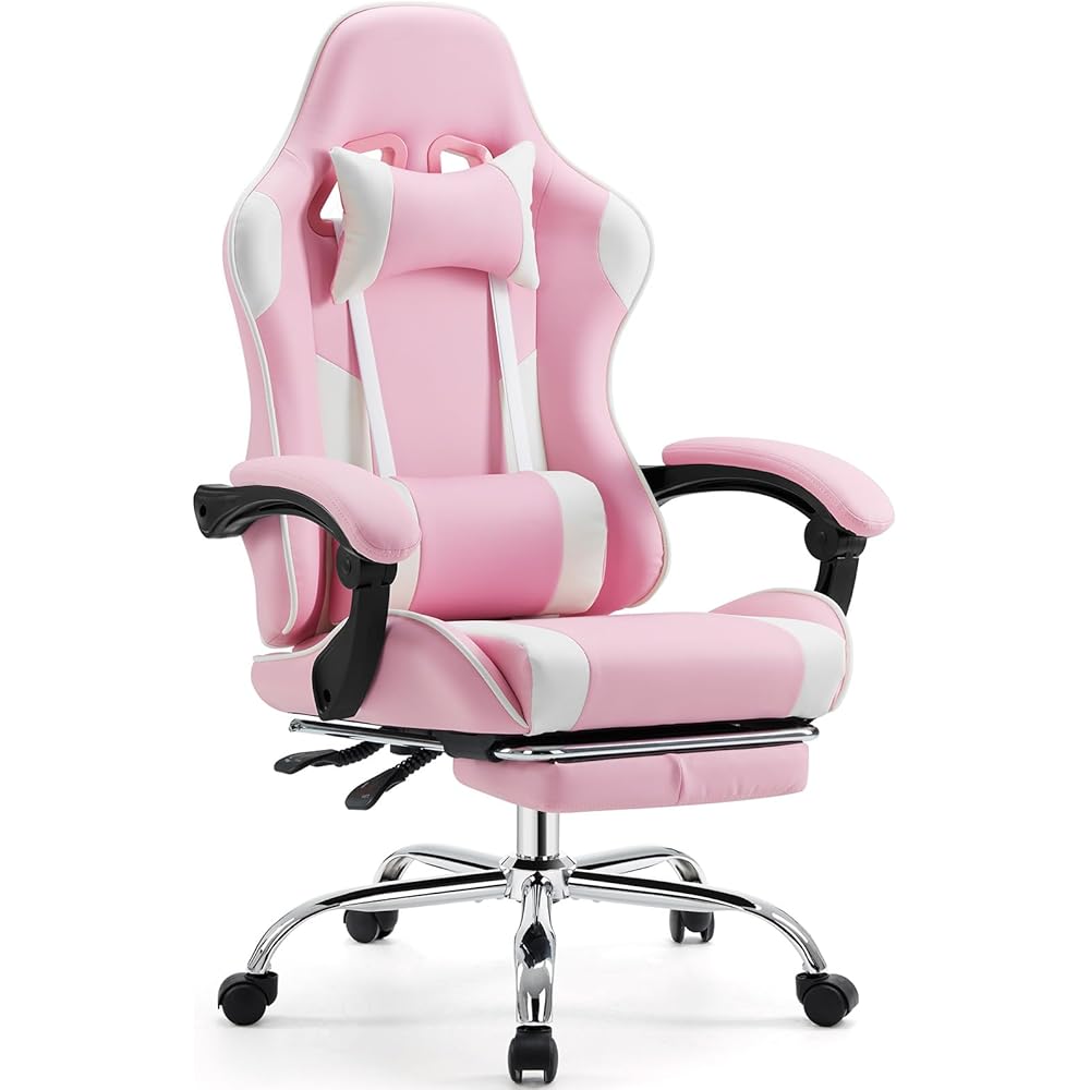 Sweetcrispy Video Game Desk Chair - Ergonomic Computer with Footrest and Comfy Lumbar Support, PU Leather Recliner with Headrest, Fixed Up Armrest, Height Adjustable with 360° Swivel, for Adults, Pink : Home & Kitchen