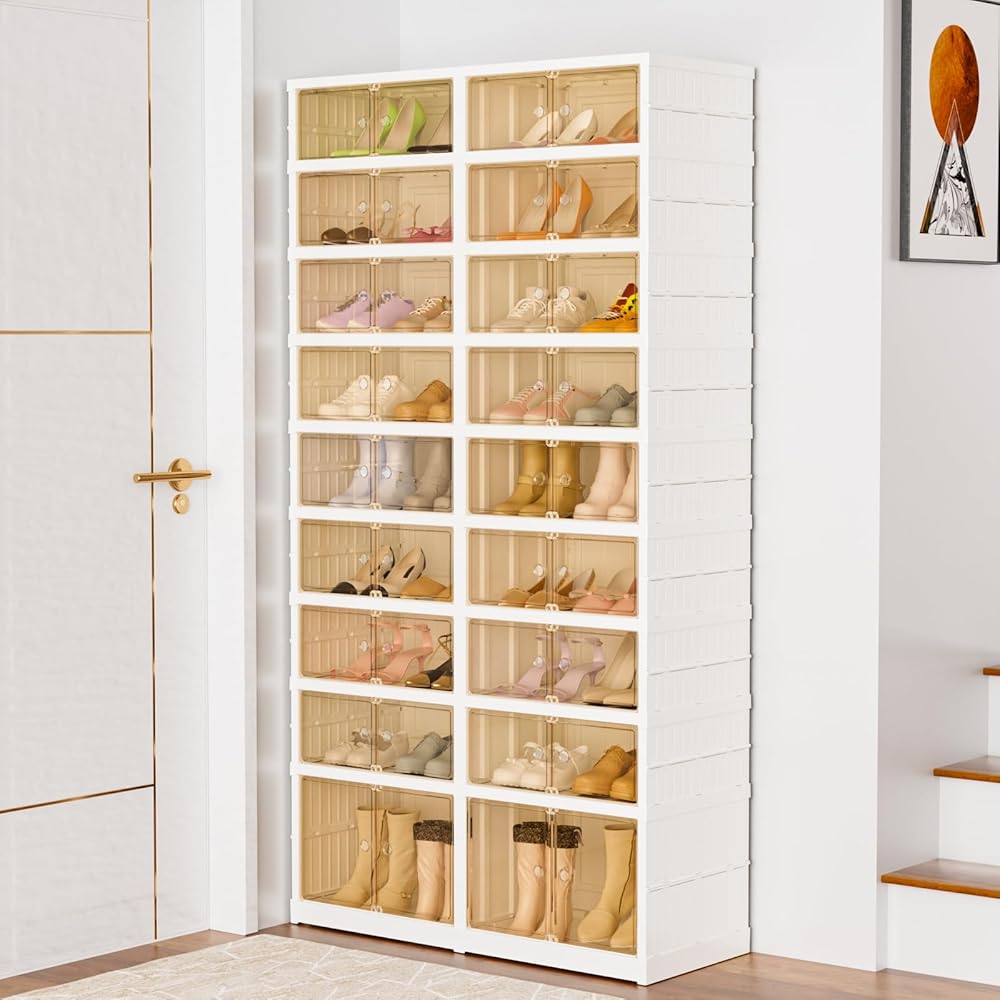 YIFOR 9-Tier Portable Shoe Rack Organizer for Closet, 36 Pairs Shoe Container Bins, Clear Plastic Collapsible Shoes Storage Box, Stackable Sneaker Storage Shoe Cabinet with Door : Home & Kitchen