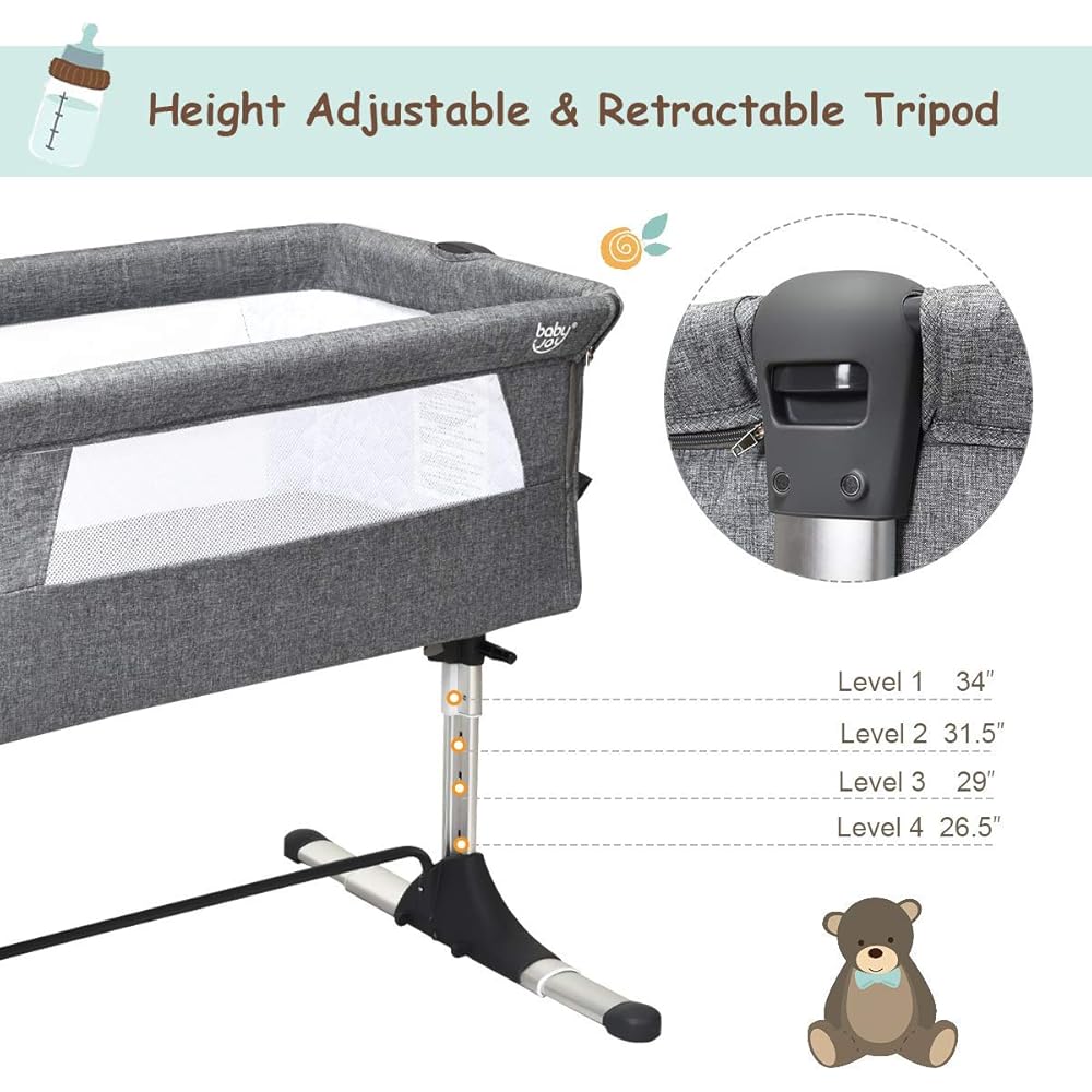 BABY JOY Baby Bedside Crib, Portable Travel Sleeper Bed Side Bassinet w/Carrying Bag, Newborn Bassinet to Infant, Kids Crib with Detachable Mattress, Height Adjustable Design, Breathable Mesh, Grey : Baby