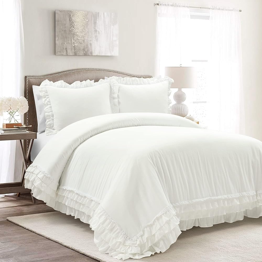 Lush Decor Ella Ruffle Lace 100% Cotton Duvet Cover, 3 Piece Set, Full/Queen, White - Cute Comforter - Queen Bedding Set - White Bedding Full Size - Coquette Decor - Neutral Lace Trim - Ruffle Trim : Home & Kitchen