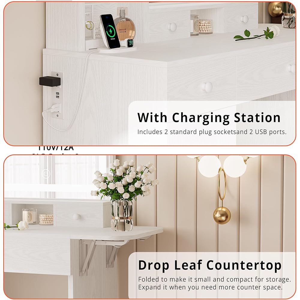 LIKIMIO Vanity Desk with Drawers & LED Lighted Mirror & Power Outlet & Cabinet, Storage Stool, Stylish Bedroom Makeup Table Set, White : Home & Kitchen
