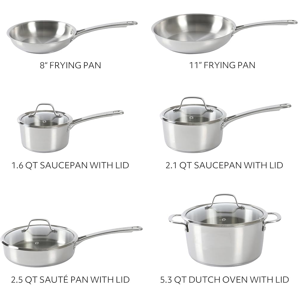 Sur La Table Kitchen Essentials Chef's Deck 10 Piece Stainless Steel Non Toxic Pots and Pans Kitchen Cookware Set w/Triply Encapsulated Base - Induction Safe: Home & Kitchen