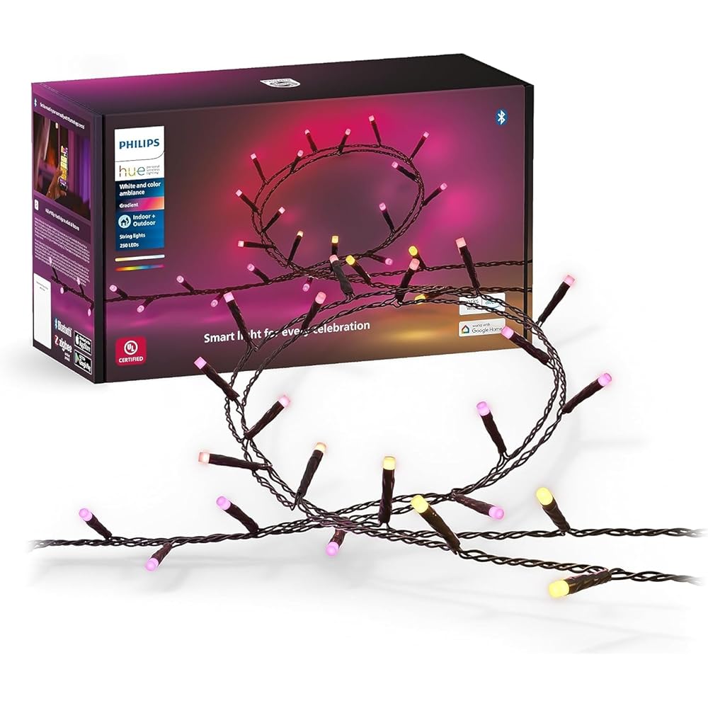 Philips Hue Indoor/Outdoor 65-Foot Festavia String Lights - 250 Mini Color Changing Smart LEDs - Weatherproof - Control with Hue App - Works with Alexa, Google Assistant and Apple HomeKit -