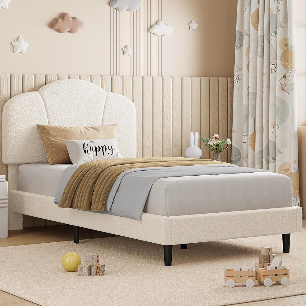 LIKIMIO Twin Size Bed Frame, Upholstered Twin Platform Bed with Headboard Lamb Velvet Twin Beds, No Box Spring Needed with 800LBS Sturdy Wooden Slats Support, Noise Free, Easy Assembly, White : Home & Kitchen