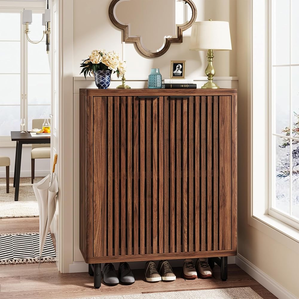Tribesigns 6-Tier Shoe Cabinet with Shutter Doors, Large Wooden Shoe Organizer Rack with Adjustable Shelves, Modern Farmhouse Hidden Storage Furniture for Entryway, Hallway (Walnut) : Home & Kitchen