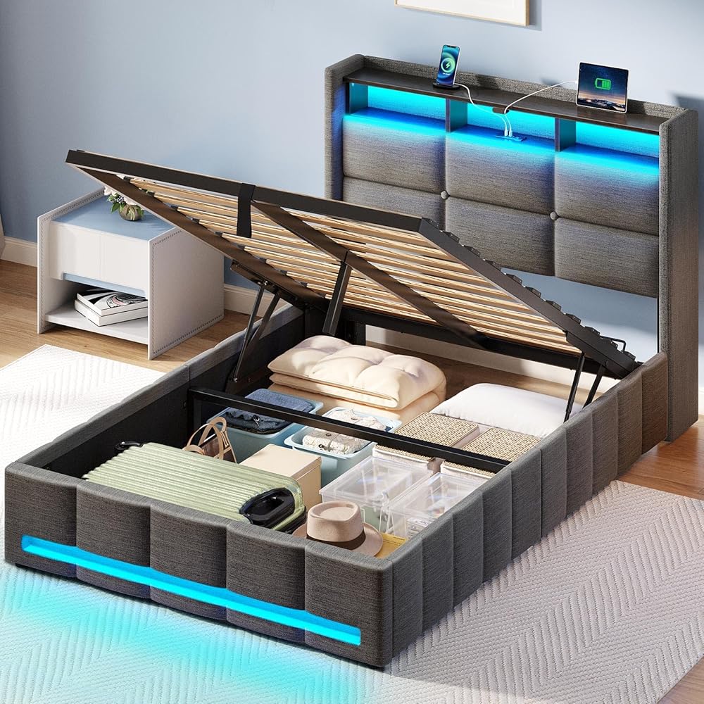 Rolanstar Bed Frame Twin Size with Lift Up Storage, Charging Station & LED Lights, Upholstered Storage Headboard, Heavy Duty Wooden Slats, No Box Spring Needed, Noise Free, Easy Assembly, Dark Grey : Home & Kitchen