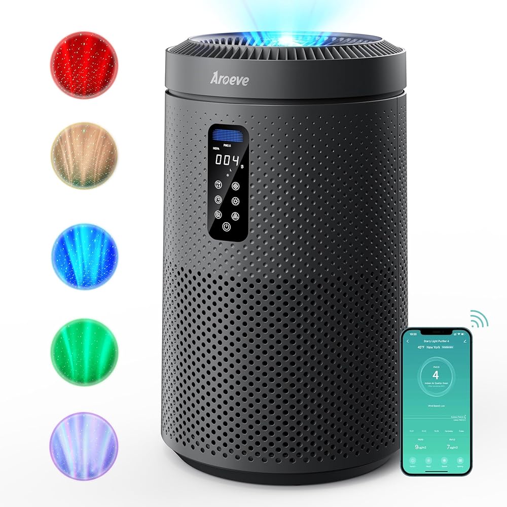 AROEVE Air Purifier for Large Rooms up to 1,782 Sq. Ft. with Star Projector, Smart WiFi, Air Quality Sensor, UV Function, and Washable Filter for Whole Home Use for a Cozy Holiday, MK09W Black : Home & Kitchen