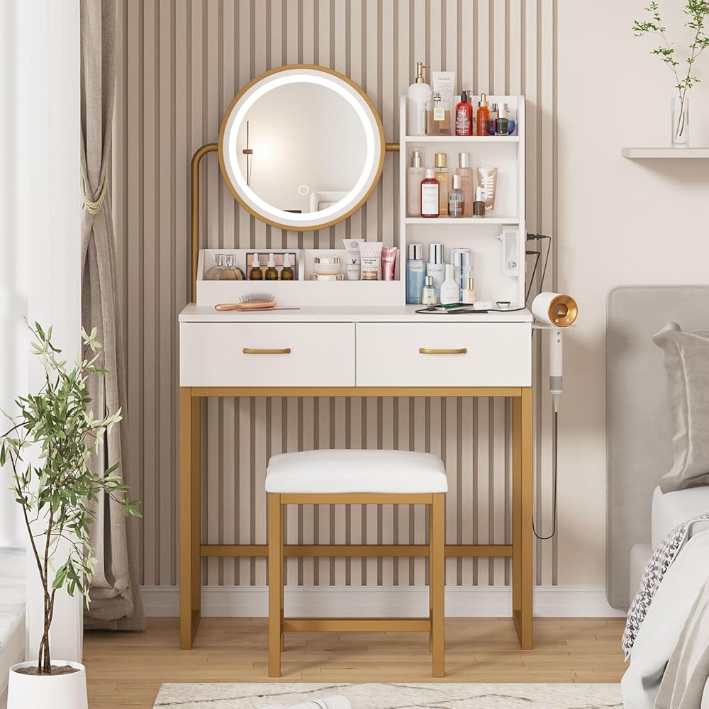 Makeup Vanity with Round Mirror and Lights, White Vanity Makeup Table with Charging Station, Small Vanity Table for Bedroom, 3 Lighting Modes, 31.5in(L) : Home & Kitchen