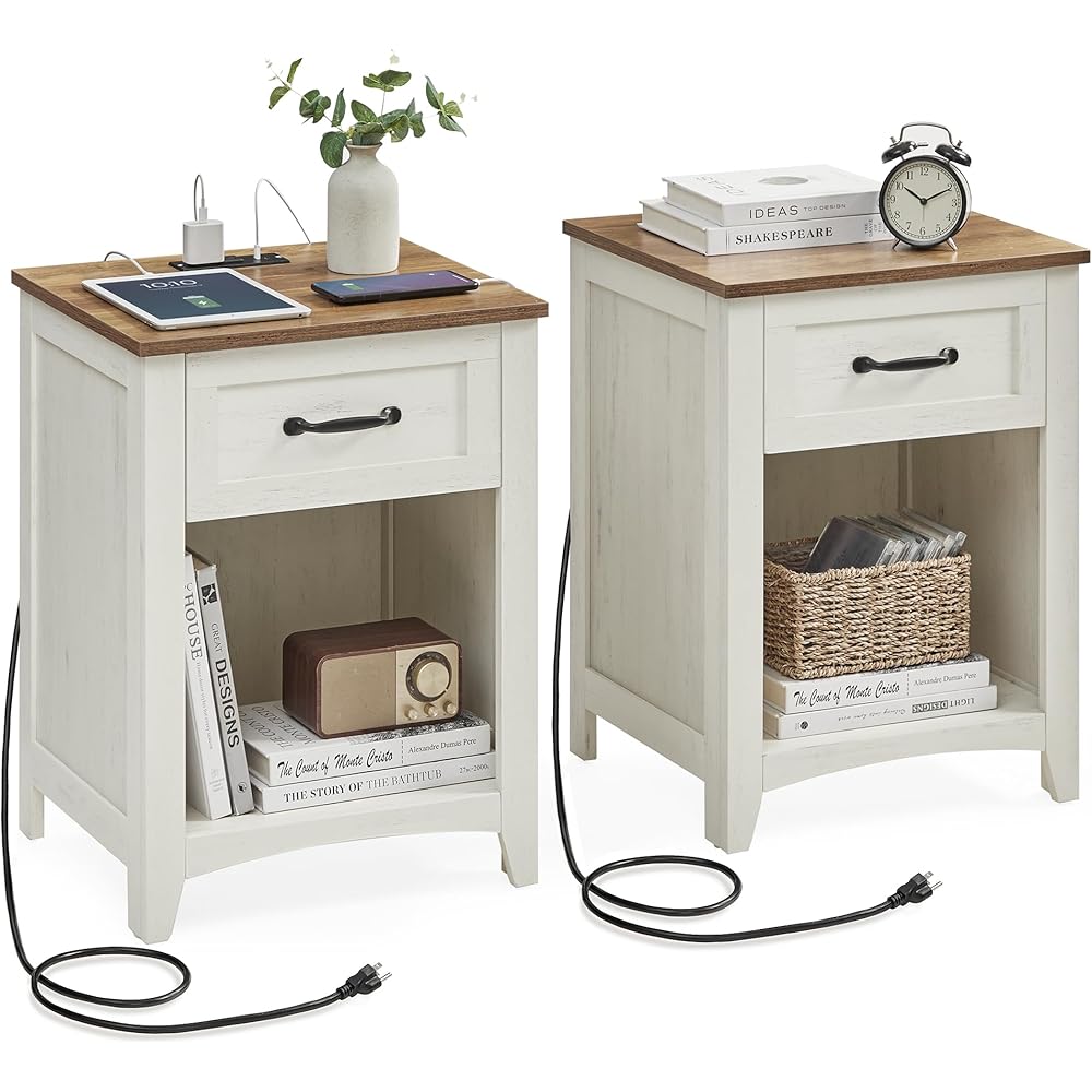 VASAGLE LIRY Collection - Farmhouse Nightstands with Charging Station, Set of 2 Bedside Tables, Side Tables with Drawer, Open Compartment, for Bedroom, Rustic White and Honey Brown ULET859K41 : Home & Kitchen