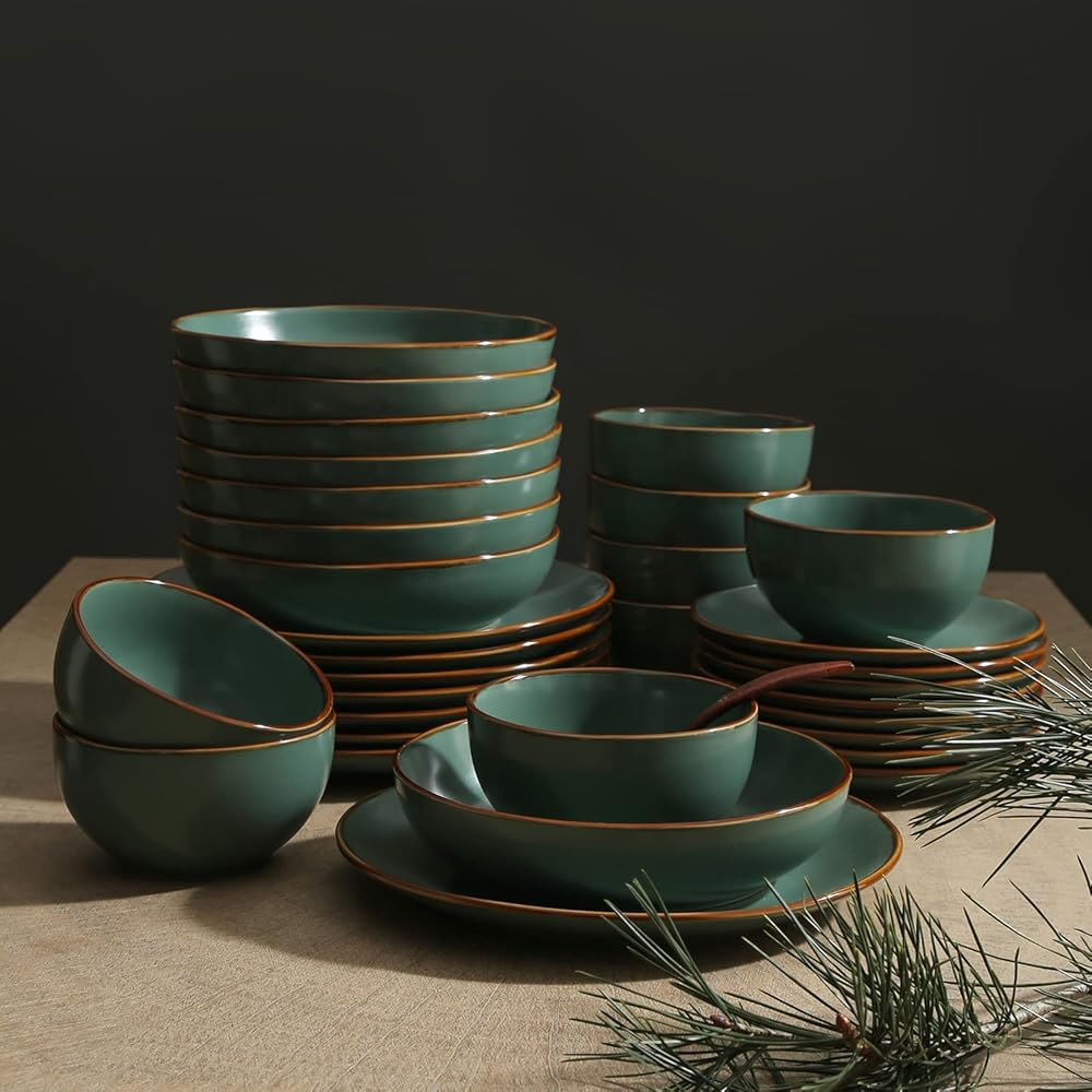 | Stone Lain Brasa Modern Stoneware 32 Piece Dinnerware Sets, Plates and bowls Sets, Dish Set for 8, Green: Dinnerware Sets