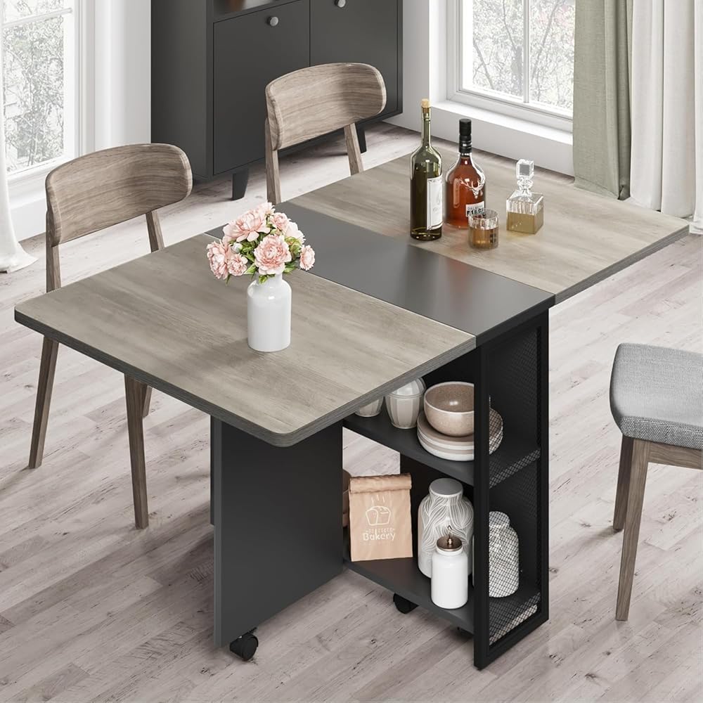 - IDEALHOUSE Folding Dining Table, Drop Leaf Dining Table with 6 Wheels and 2-Layer Storage Shelf, Space Saving Dining Table for Small Spaces (Carlo Grey, 50.1
