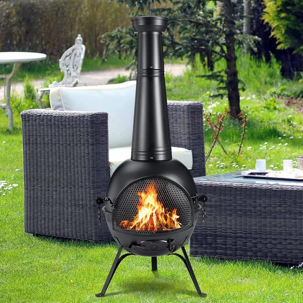 : SINGLYFIRE Prairie Fire Outdoor Chiminea Fireplace Deck or Patio Backyard Wooden Fire Pit with Chiminea Cover Rust-Free Iron Black : Patio, Lawn & Garden