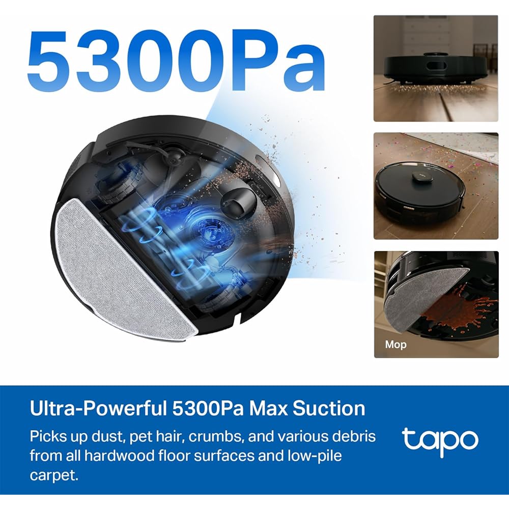 Tapo LiDAR Smart Navigation Robot Vacuum and Mop with Self-Emptying Dock, 5300Pa Max, 97%+ Dust Pickup Rate, Customizable Cleaning, Self-Charging, Compatible with Alexa & Google Home, RV30 Max Plus