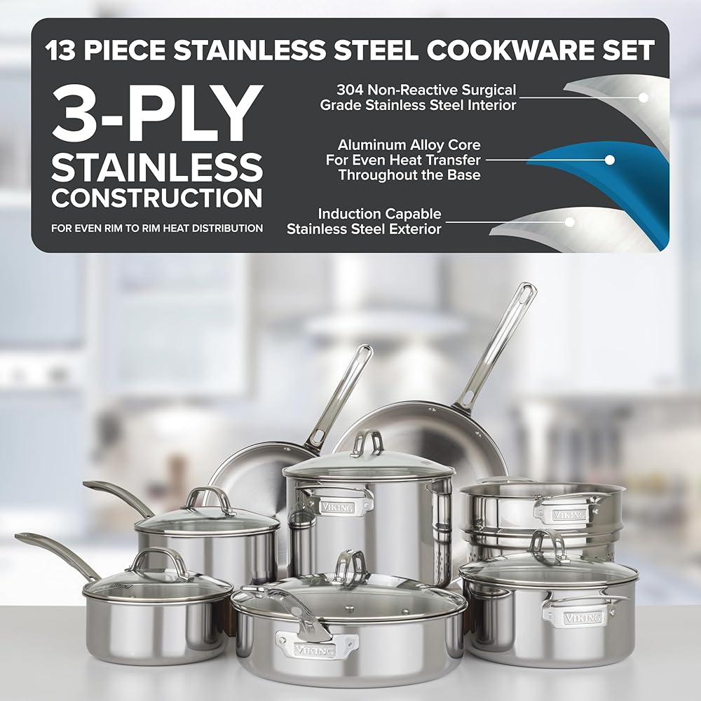 Viking 3-Ply Pots and Pans Set, 13 Piece Stainless Steel Cookware, Glass Lids, Strainer, Silver: Home & Kitchen
