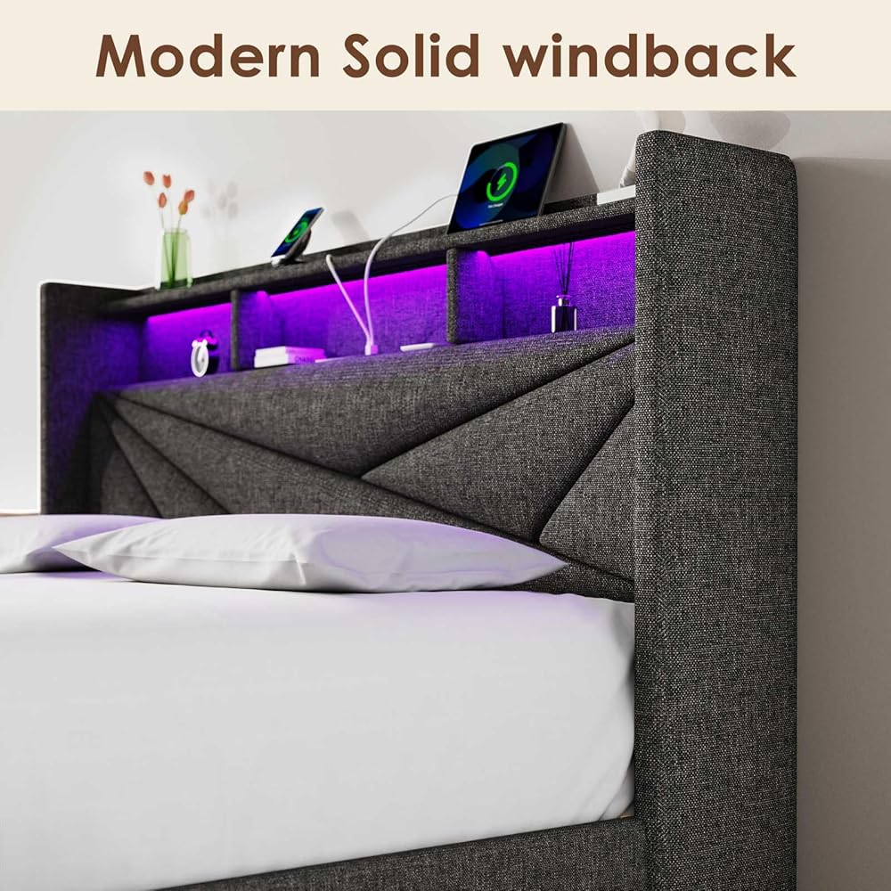 Driftalia LED King Size Bed Frame with 2 Storage Drawers, Upholstered King Bed Frame with Headboard and Charging Station, No Box Spring Needed, Easy to Assembly-Dark Grey : Home & Kitchen