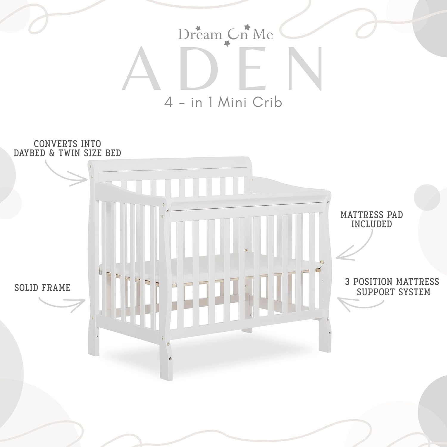 : Dream On Me Aden 4-in-1 Convertible Mini Baby Crib in White, GreenGuard Gold & JPMA, Sustainable Pinewood, Non-Toxic Finish, 3-Levels, Converts to Mini Day & Twin-Size Bed (Rail Sold Separately) : Baby