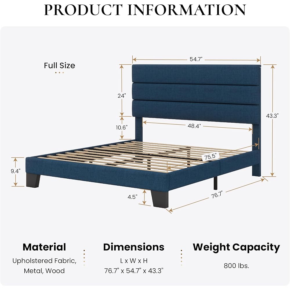SHA CERLIN Full Platform Bed Frame with Upholstered Fabric Headboard, Mattress Foundation with Strong Wooden Slats Support, No Box Spring Needed, Blue : Home & Kitchen