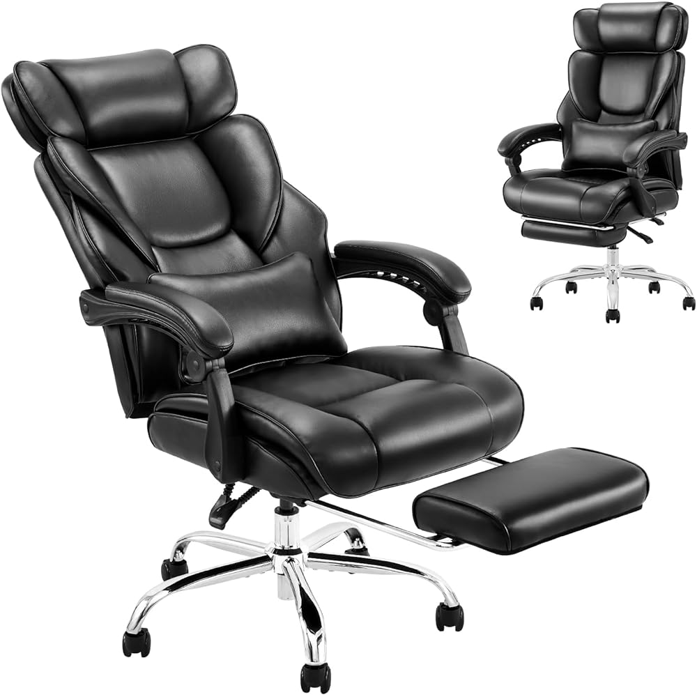COLAMY Office Chair with Retractable Footrest, Ergonomic High Back Design Executive Computer Desk Chair with Removable Lumbar Pillow, 90-135°Reclining, Thick Bonded Leather for Home Office Work, Black : Home & Kitchen