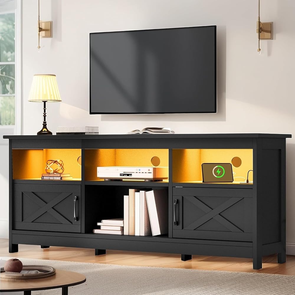 YITAHOME TV Stand for 65 Inch TVs, Entertainment Center with Storage Cabinets, Power Outlet & LED Light, Media TV Console with Barn Doors for Living Room, Black : Home & Kitchen