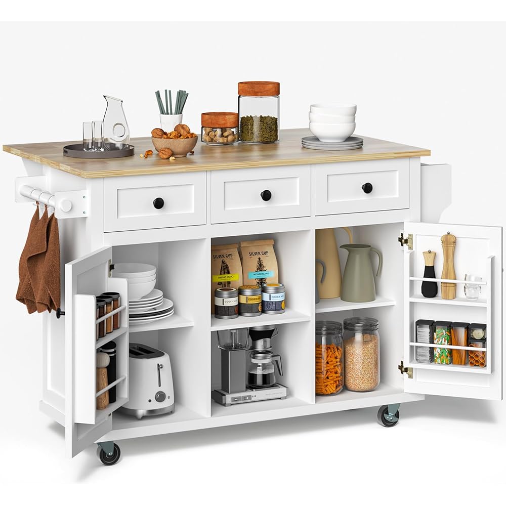 Rovibek Kitchen Island with Drawers 53 in Rolling Island Cart Mobile Solid Wood Portable Islands on Wheels with Storage Cabinet & Drawers, White : Home & Kitchen