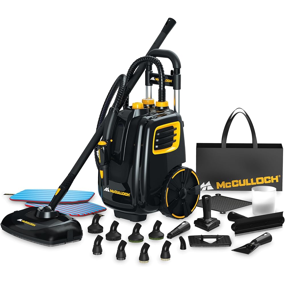 - McCulloch MC1385 Deluxe Canister Steam Cleaner, 2-Hour Runtime, Chemical-Free, 23 Accessories: Mop Head, Brushes & More - Built for Home, Tile, Carpet, Furniture, & Personal Car Detailing - Carpet Steam Cleaners